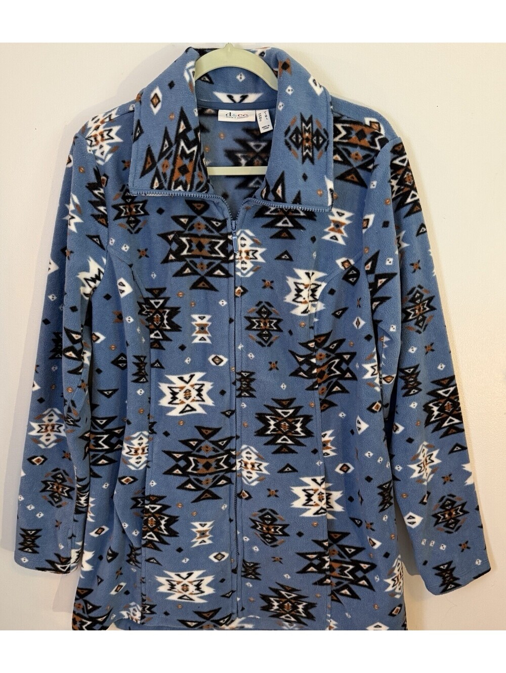 Denim & Co Fleece Jacket M Blue Aztec Southwest Print Zip Up Cardigan EUC